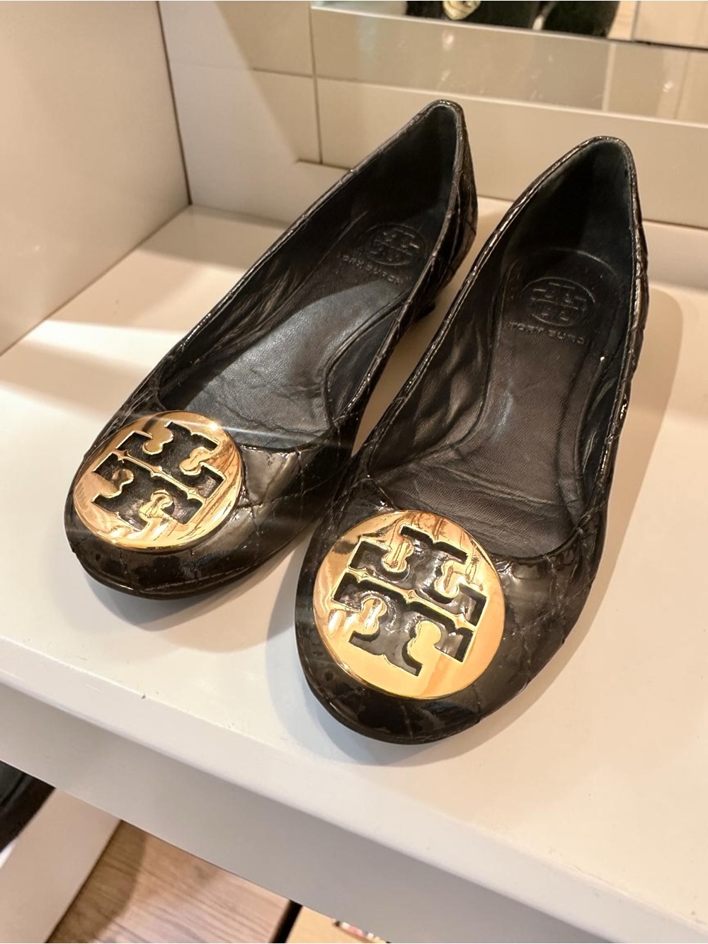 Tory Burch Black Leather Reva Flats with Gold Logo Medallions